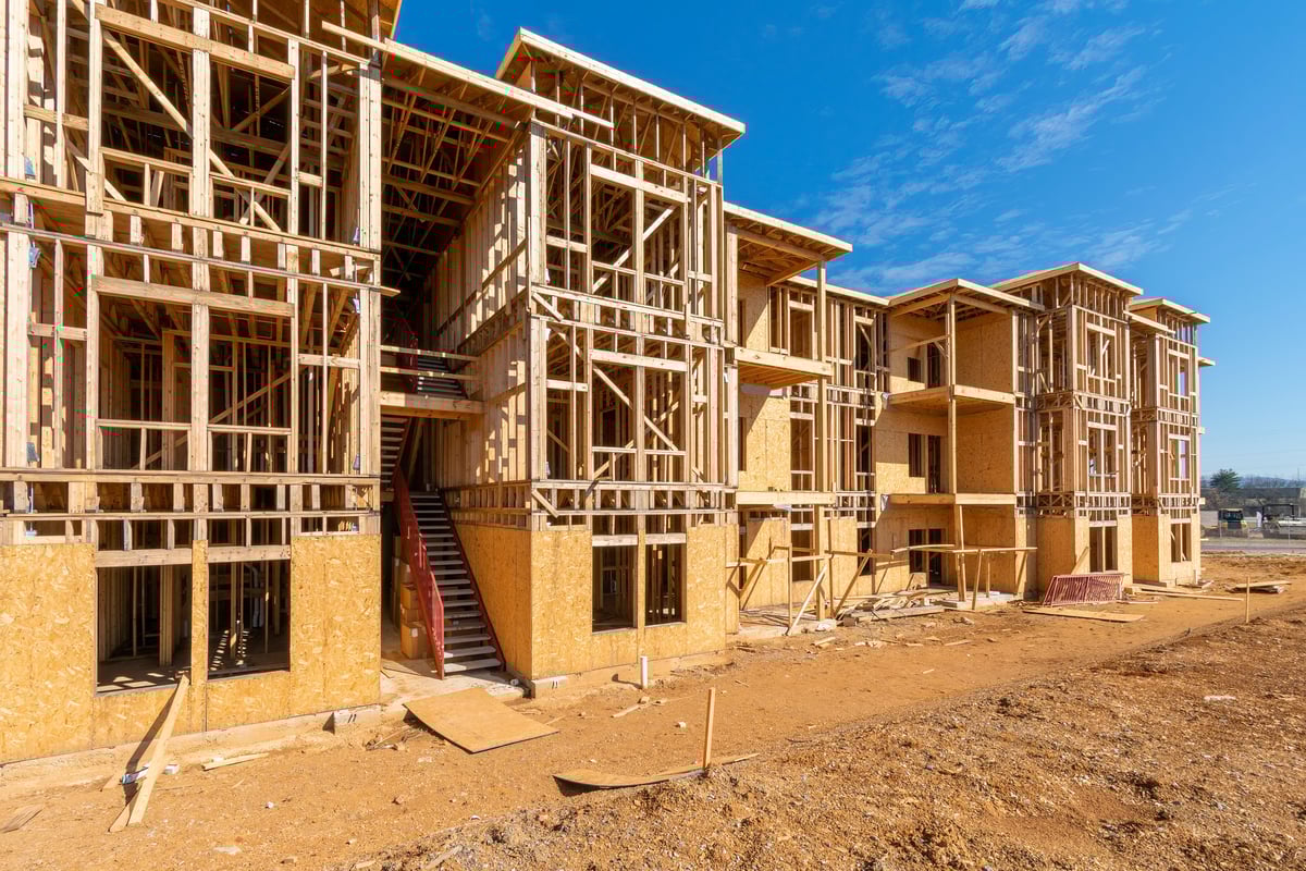 Horizontal shot of a new apartment complex under construction