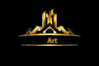 Gold Art Deco-style logo with geometric buildings and mountains on black background